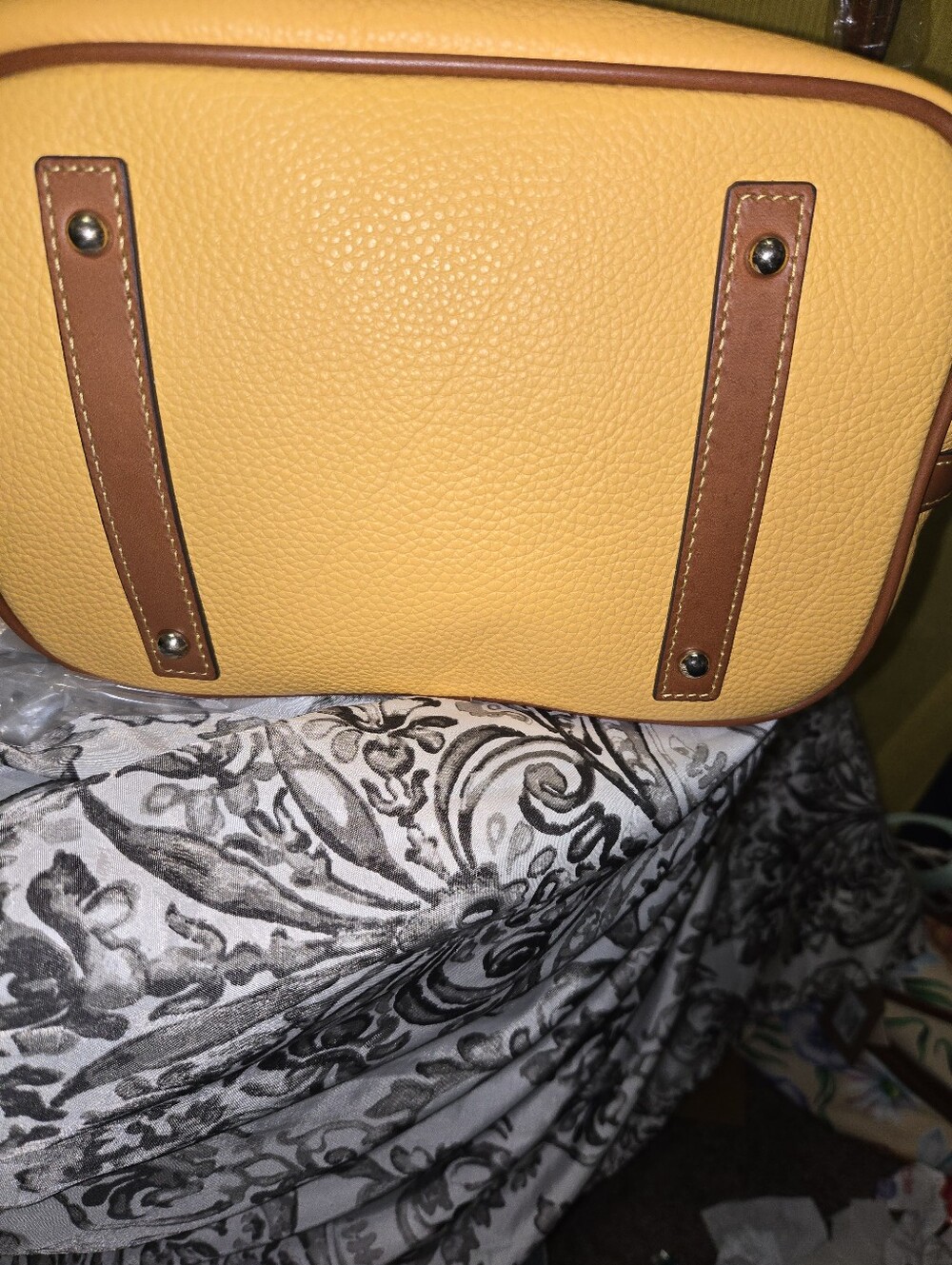 Dooney & Bourke Mustard Yellow Leather Drawstring Hobo with Dark Brown Straps - Picture 11 of 16